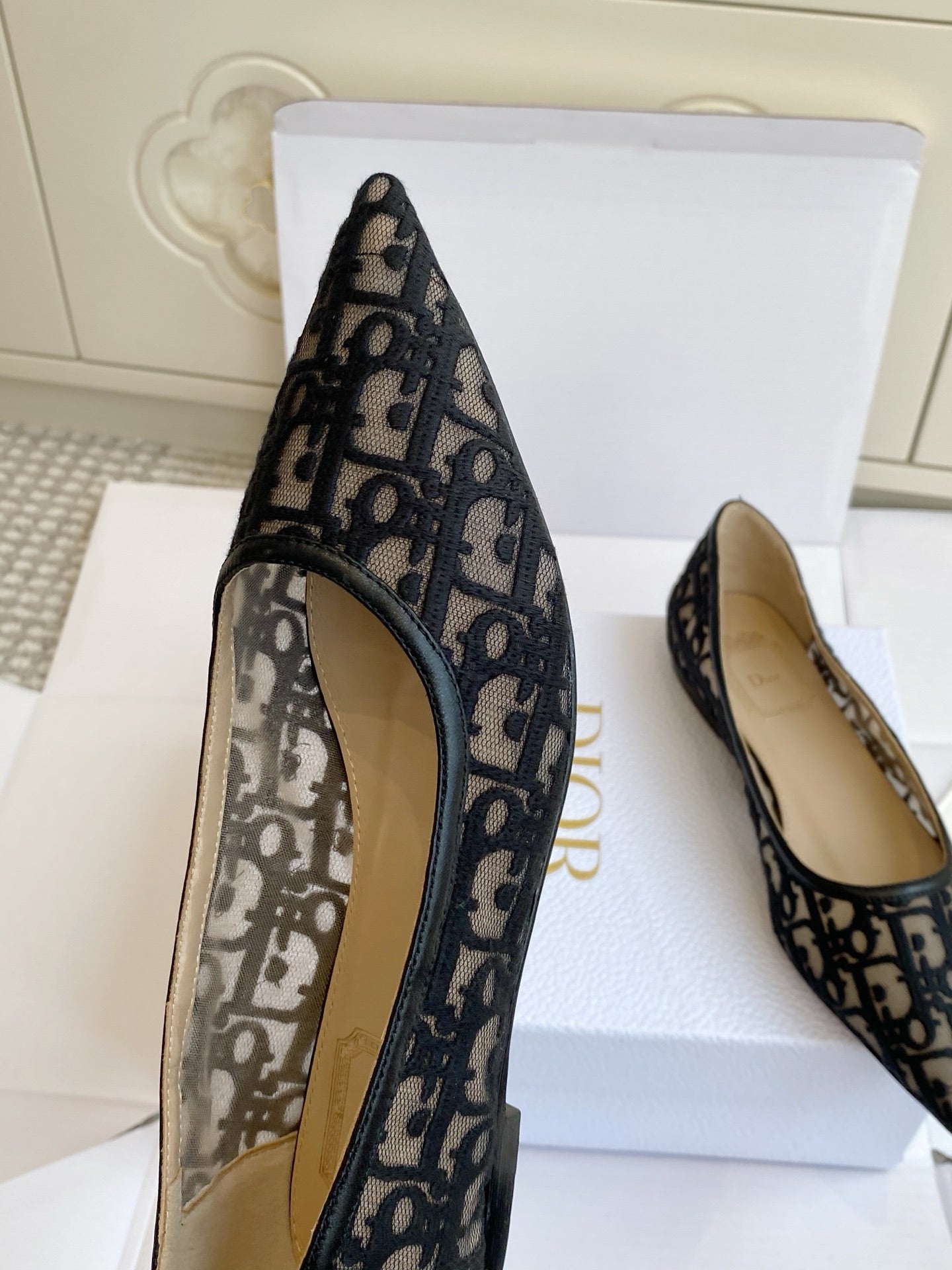 CD 26s Adioable Ballet Flat Monogram Beige Black Mesh Lambskin 909641