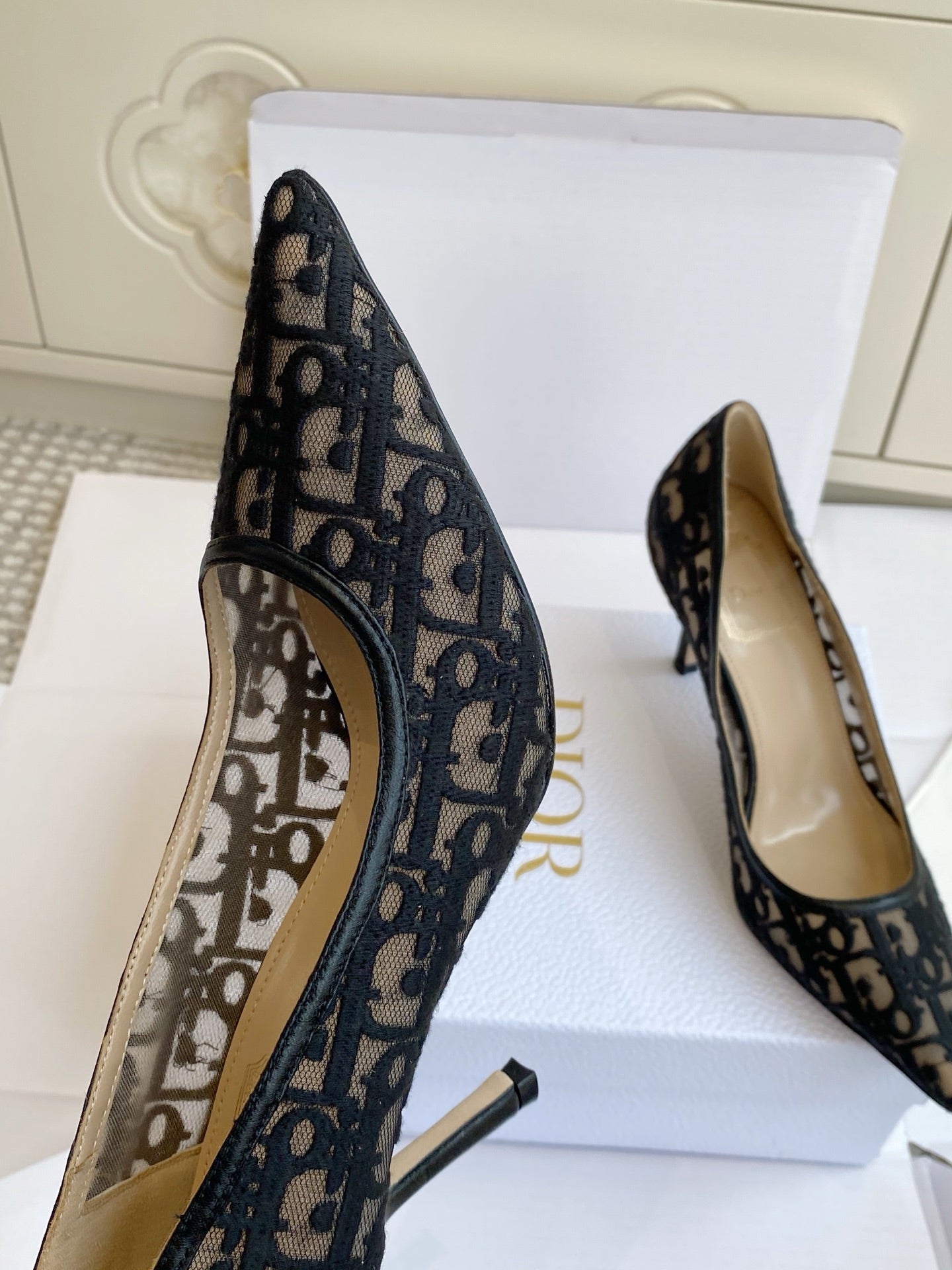CD 26s Adioable Pump 8cm Monogram Black Beige Mesh Lambskin 909642
