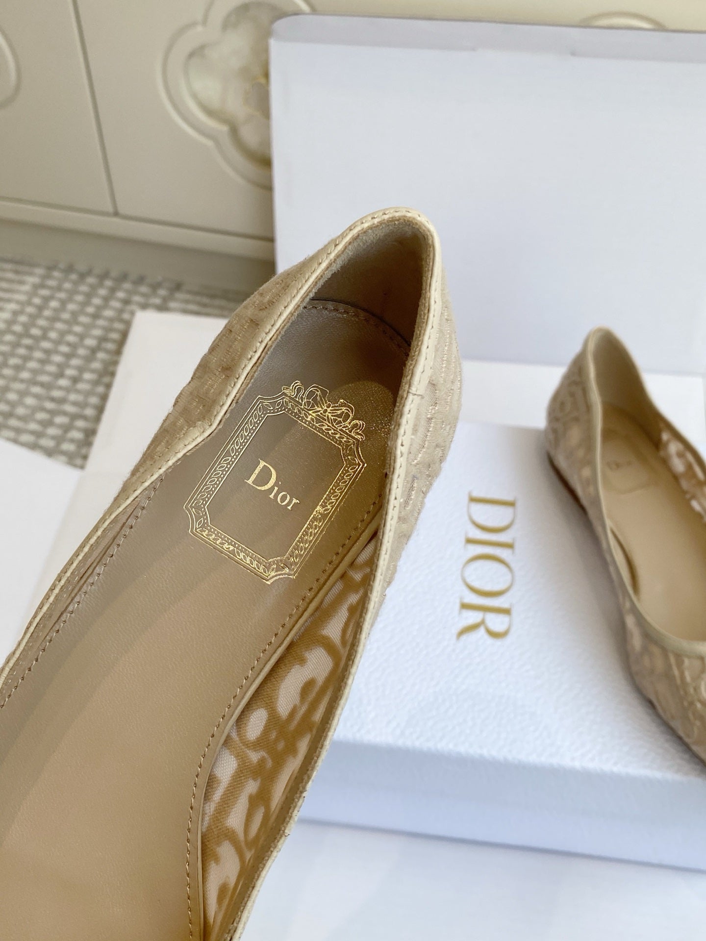 CD 26s Adioable Ballet Flat Monogram Beige Mesh Lambskin 909643