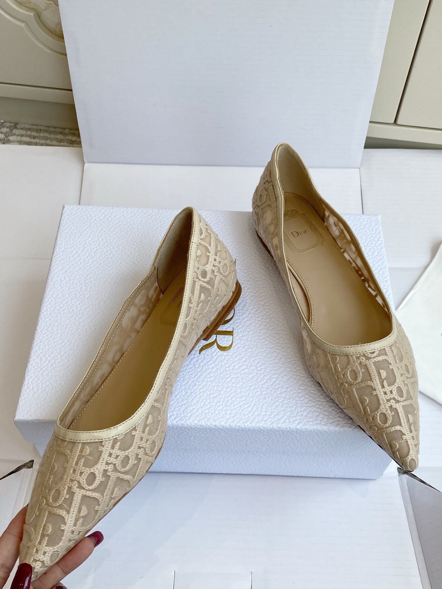 CD 26s Adioable Ballet Flat Monogram Beige Mesh Lambskin 909643