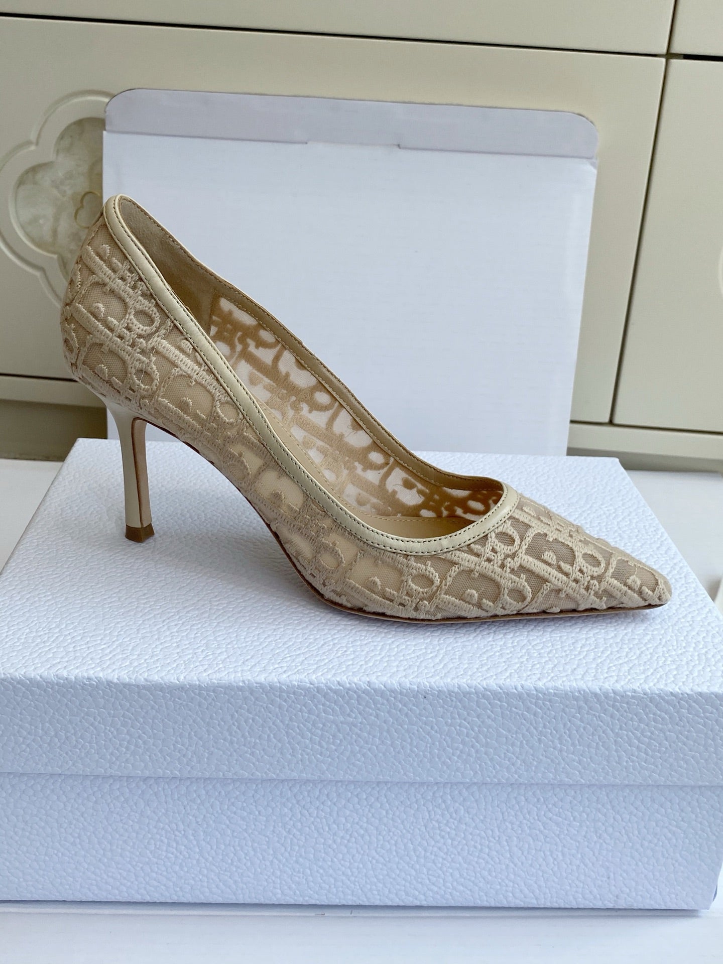 CD 26s Adioable Pump 8cm Monogram Beige Mesh Lambskin 909644