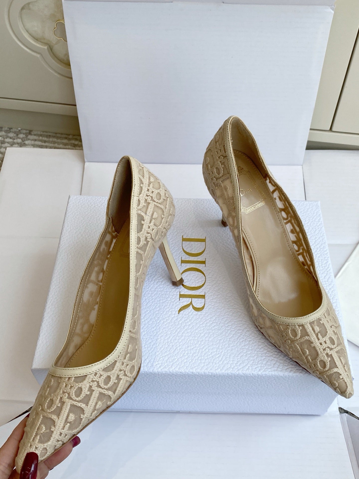 CD 26s Adioable Pump 8cm Monogram Beige Mesh Lambskin 909644
