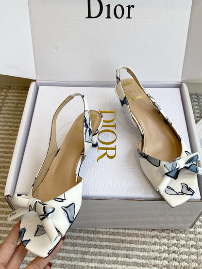 CD 26s Bow Kitten Heel Open Back Sandals White Blue Lambskin 909653