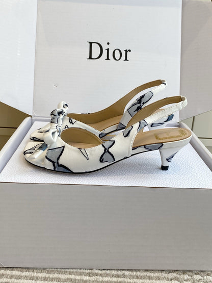 CD 26s Bow Kitten Heel Open Back Sandals White Blue Lambskin 909653