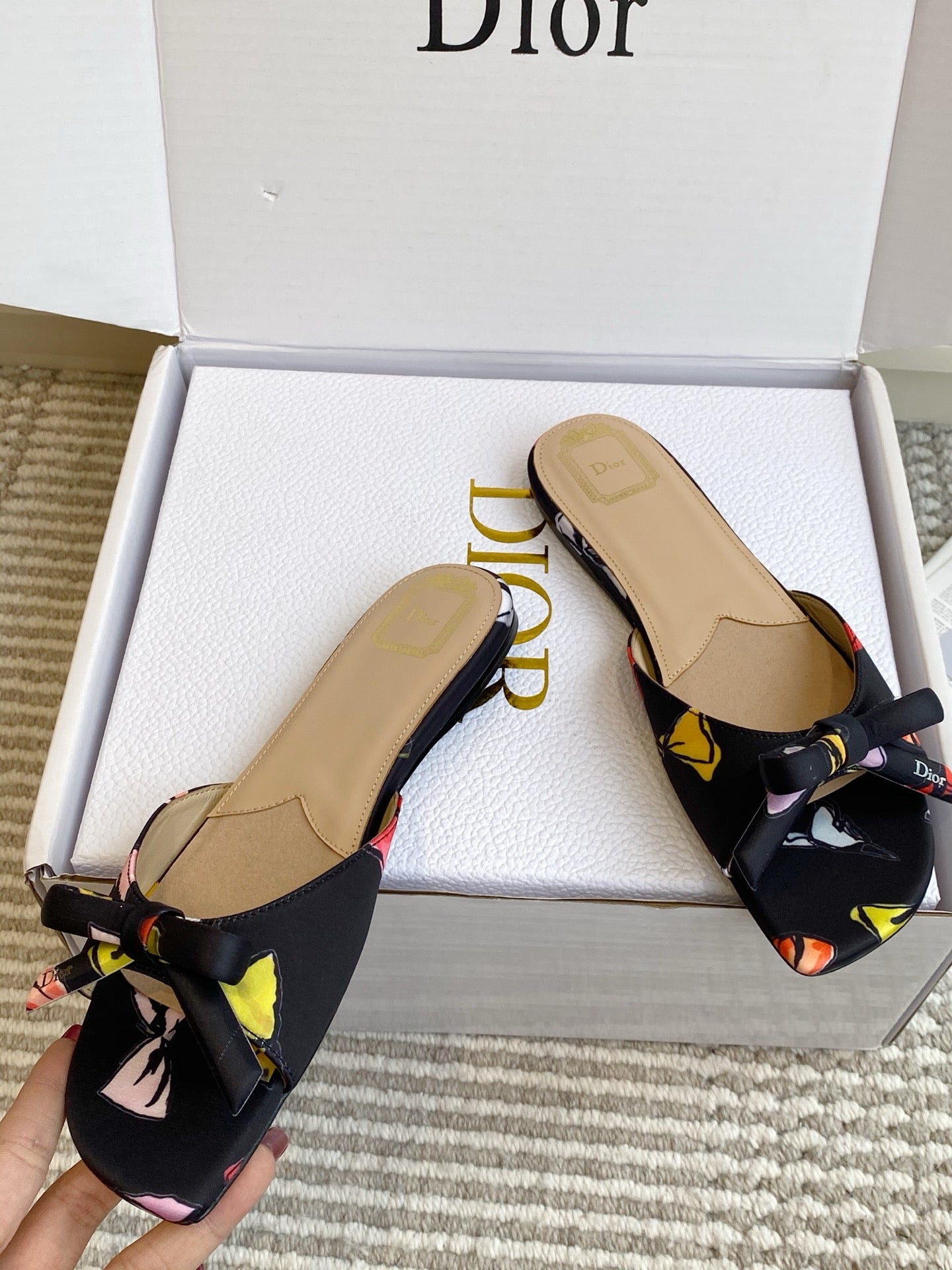CD 26s Bow Kitten Flat Open Back Sandals Black Lambskin 909654