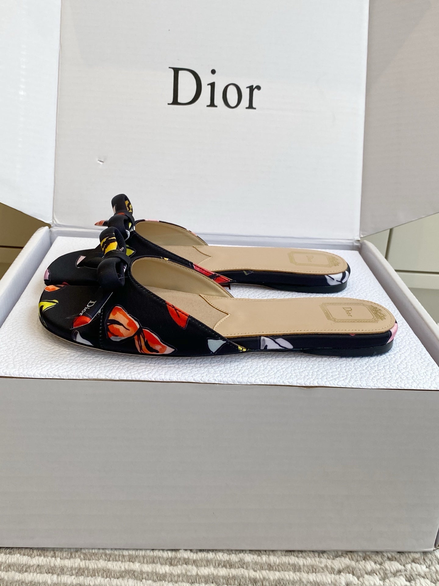 CD 26s Bow Kitten Flat Open Back Sandals Black Lambskin 909654