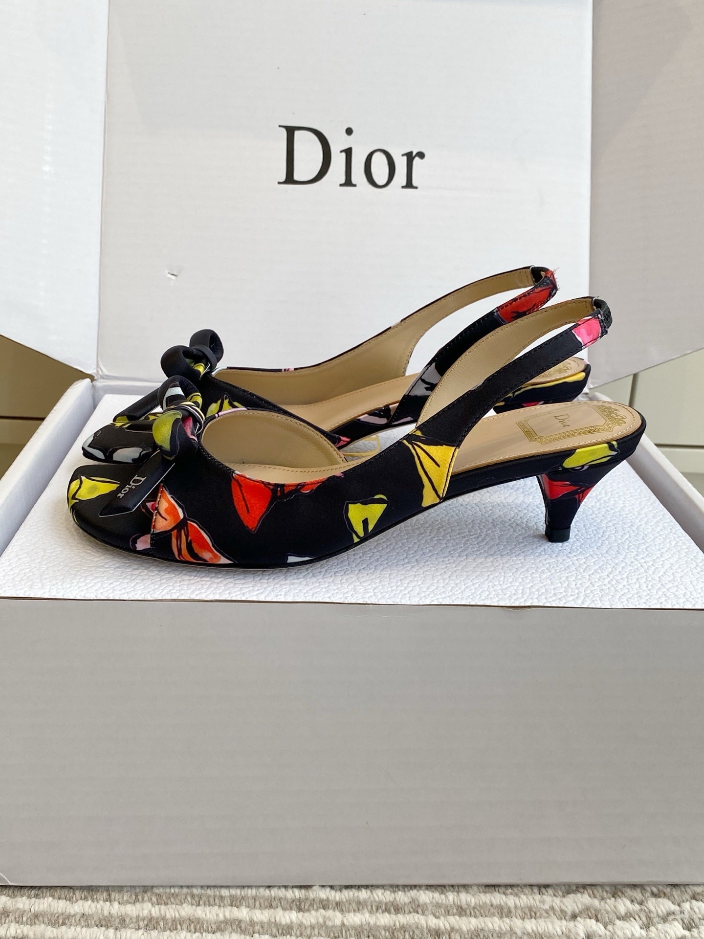 CD 26s Bow Kitten Heel Open Back Sandals Black Lambskin 909655