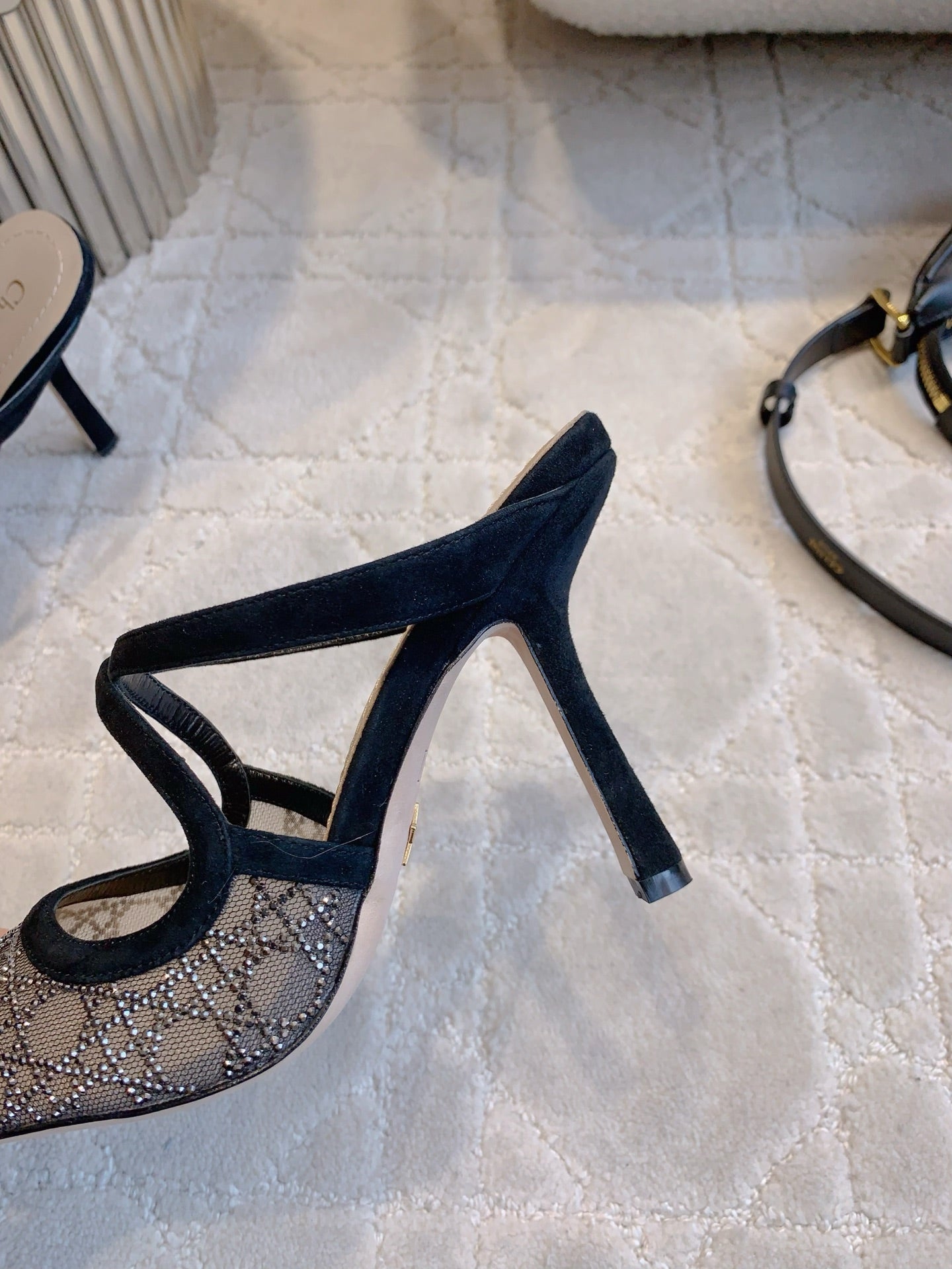 CD Capture Heeled Mule 10cm Black Suede Mesh 615464