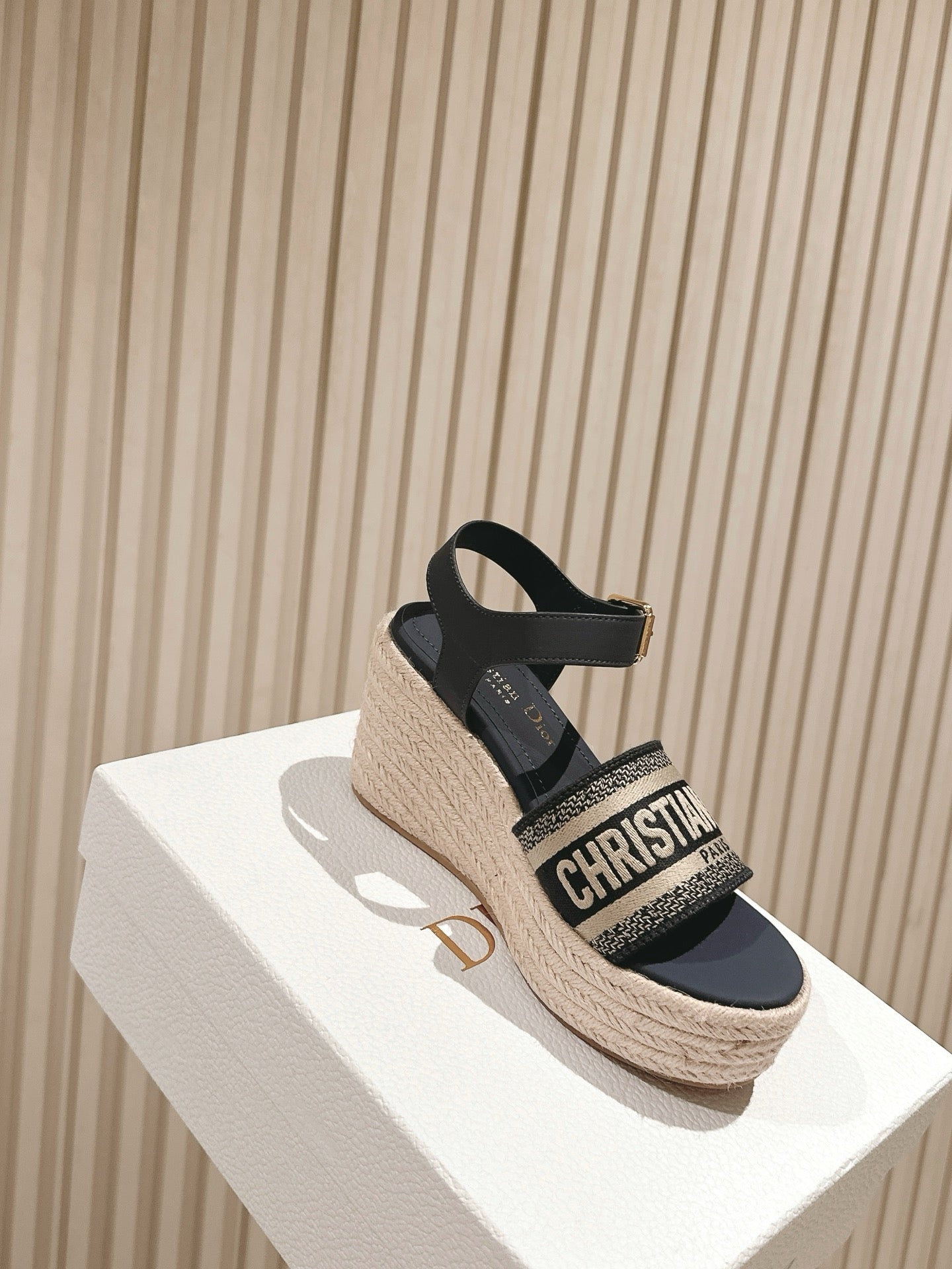 CD Dway Wedge  Sandal 85mm Deep Blue Calfskin and Embroidered 483077