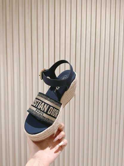 CD Dway Wedge  Sandal 85mm Deep Blue Calfskin and Embroidered 483077