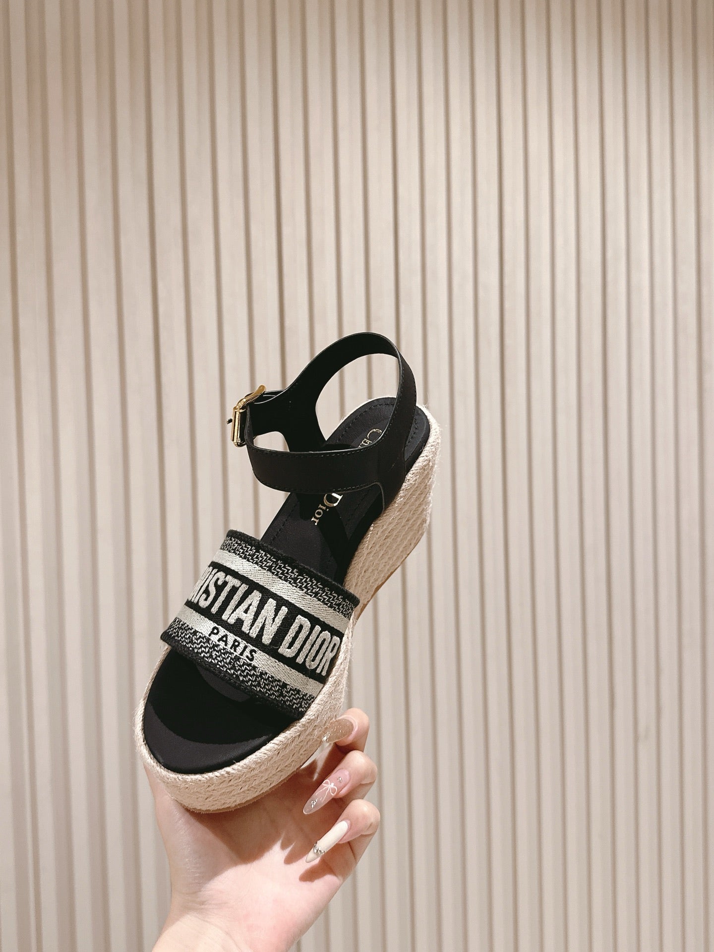 CD Dway Wedge  Sandal 85mm Black Calfskin and Embroidered 483078