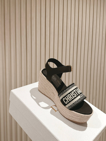 CD Dway Wedge  Sandal 85mm Black Calfskin and Embroidered 483078