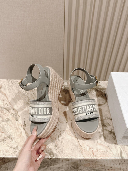 CD Dway Wedge  Sandal 85mm Warm gray-brown Calfskin and Embroidered 483079