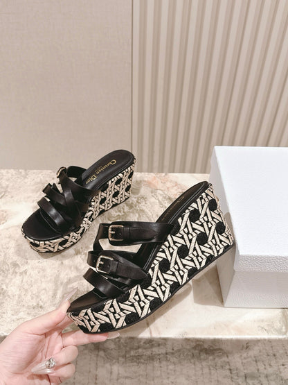 CD L'Amazone Wedge Slide 85mm Black  Calfskin and Raffia  483084