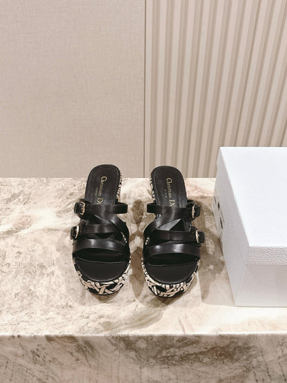 CD L'Amazone Wedge Slide 85mm Black  Calfskin and Raffia  483084