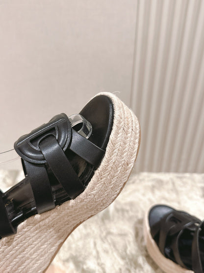 CD D-Club Wedge Sandal 85mm Black Calfskin 483082