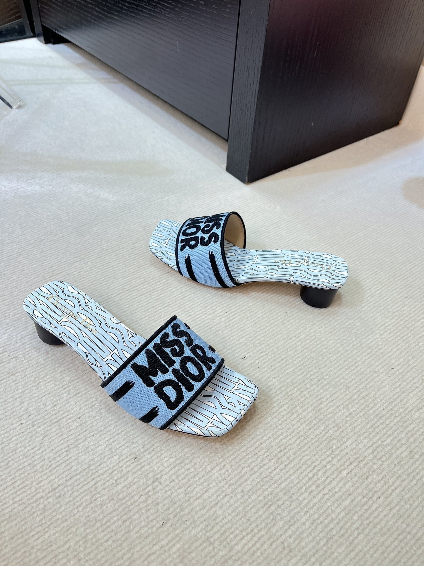 dway heeled slide 35 embroidered cotton cloud blue miss cd alllover motif