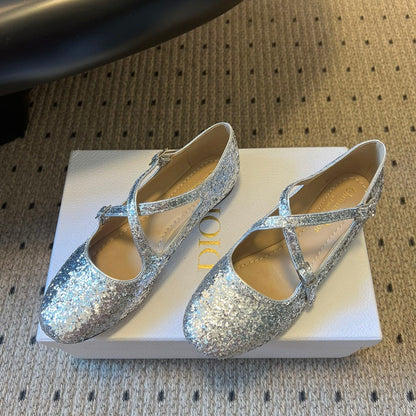 CD 26s New Flat Ballet Flats With Cross Straps Sliver Glitter 622217