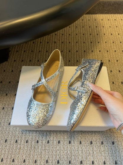 CD 26s New Flat Ballet Flats With Cross Straps Sliver Glitter 622217