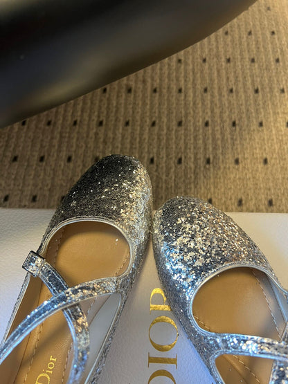 CD 26s New Flat Ballet Flats With Cross Straps Sliver Glitter 622217