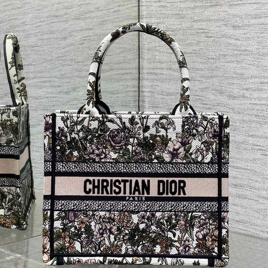 CD Small Dior Book Tote Full Floral Motif White Pink Cotton