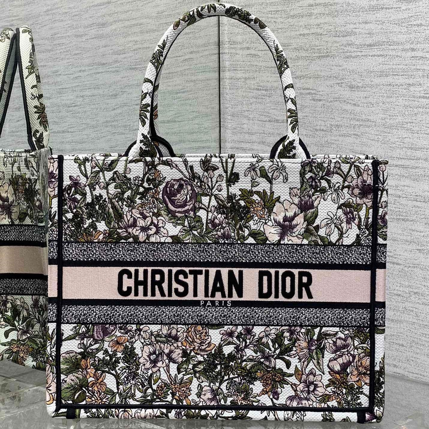 CD Medium Dior Book Tote Full Floral Motif White Pink Cotton 272912