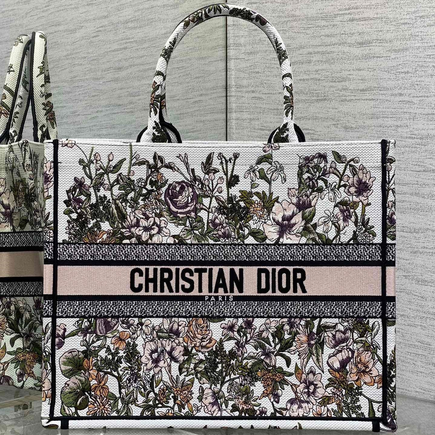 CD Medium Dior Book Tote Floral Motif White Pink Cotton