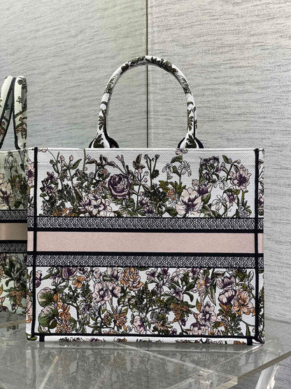 CD Medium Dior Book Tote Floral Motif White Pink Cotton