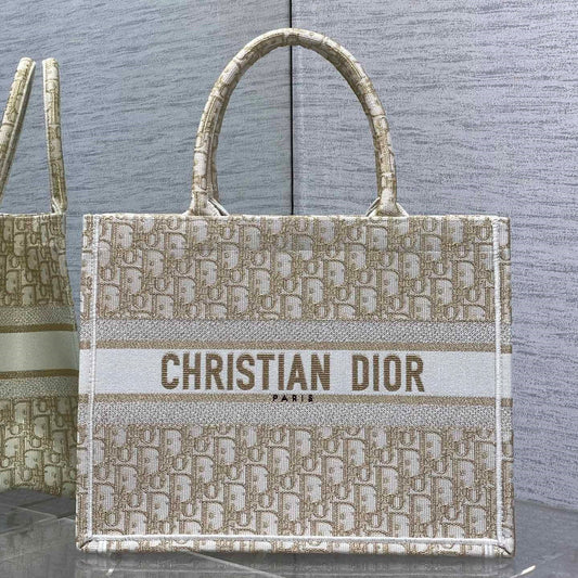 CD Medium Dior Book Tote White Beige Cotton Oblique Jacquard