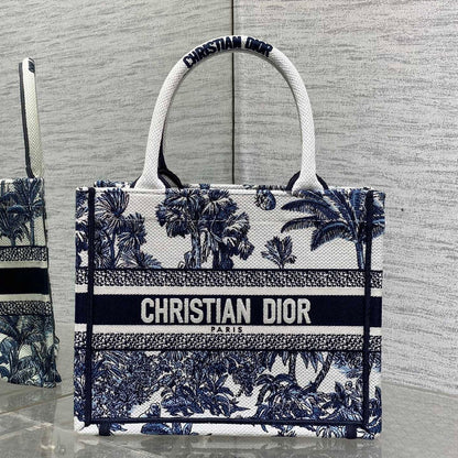 CD Small Dior Book Tote Tropical Pattern Slate Blue White Black Cotton