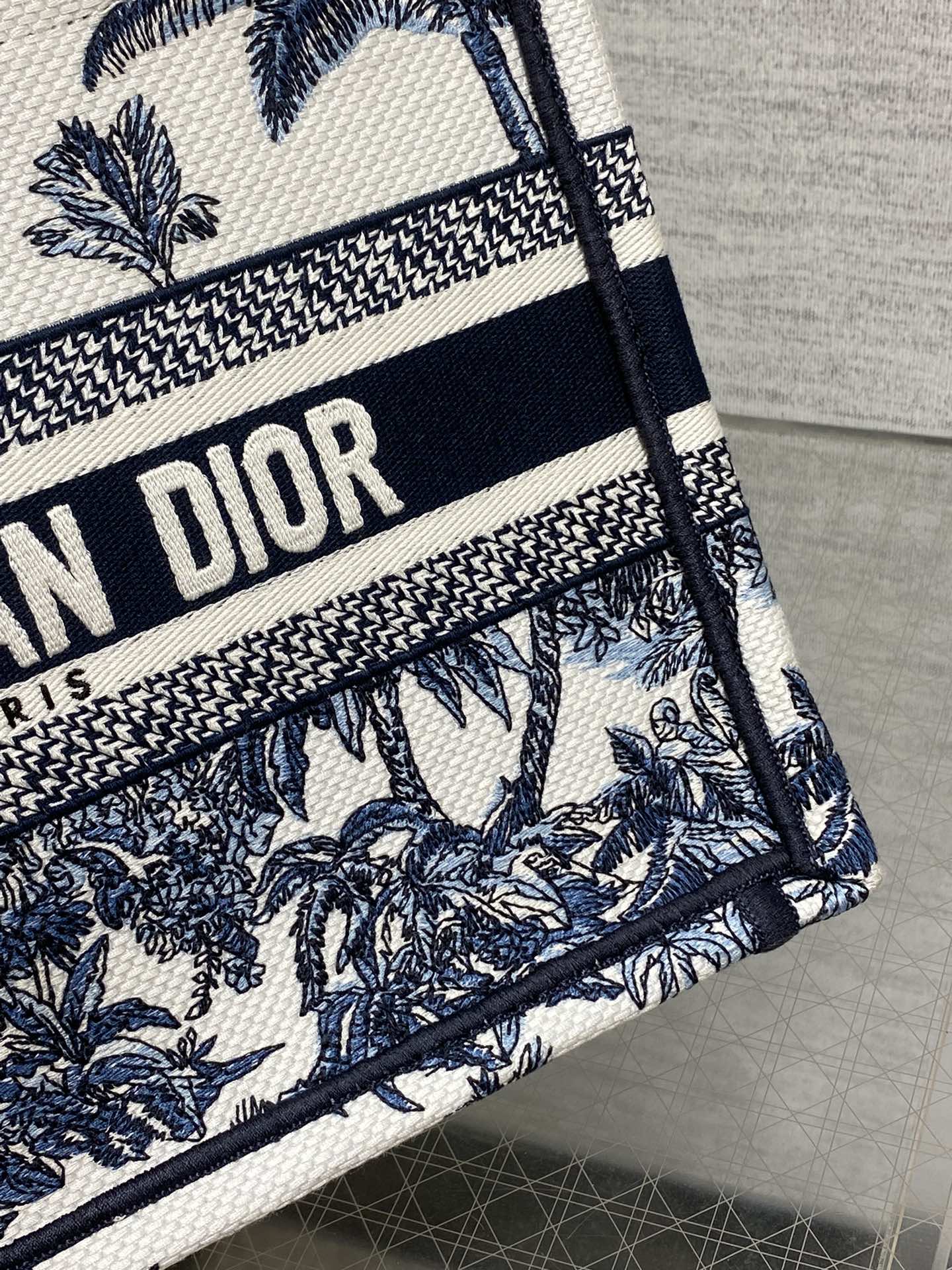 CD Small Dior Book Tote Tropical Pattern Slate Blue White Black Cotton