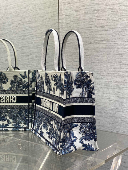 CD Medium Dior Book Tote Tropical Pattern Slate Blue White Black Cotton