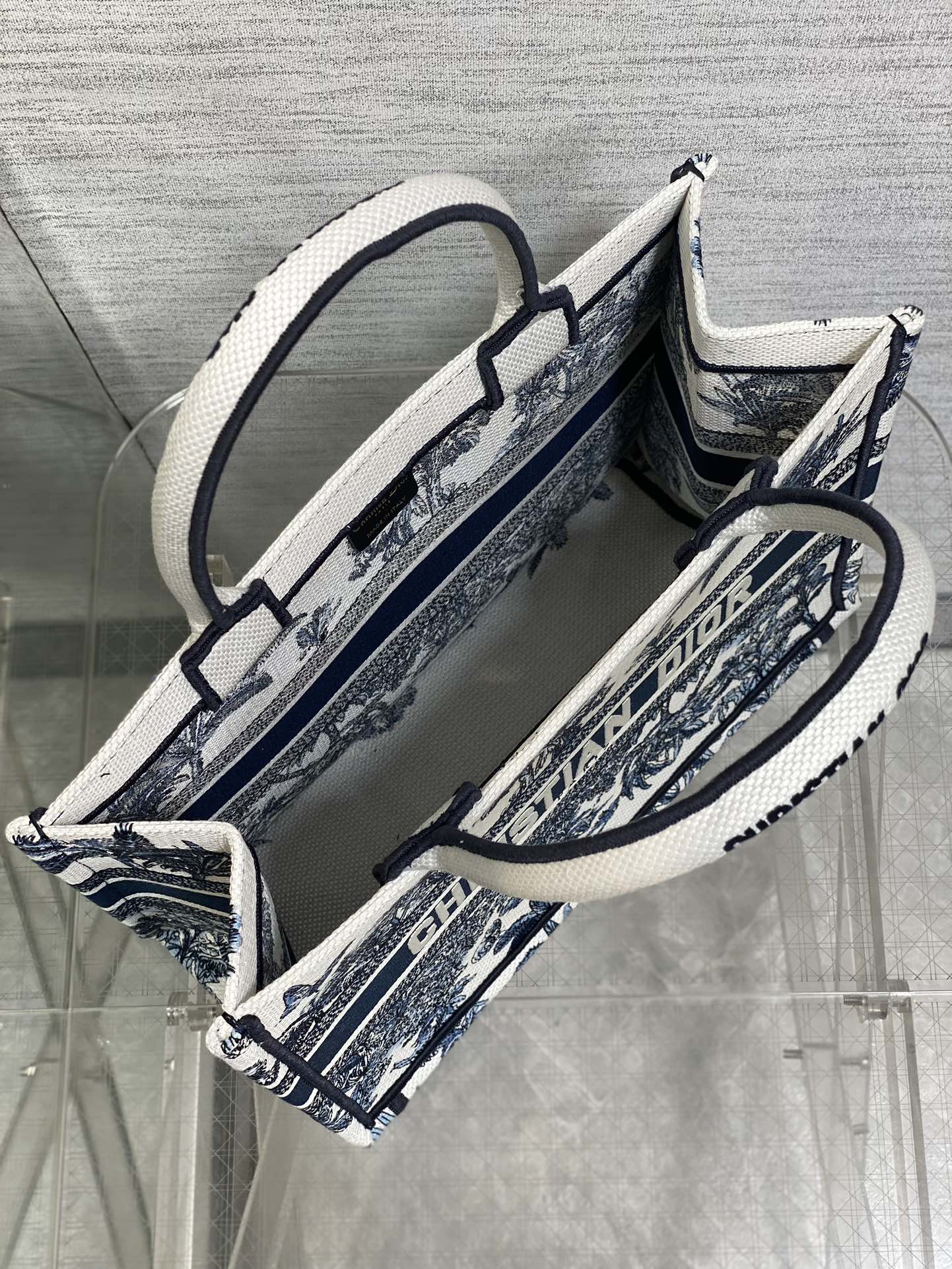 CD Medium Dior Book Tote Tropical Pattern Slate Blue White Black Cotton