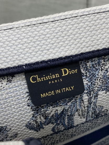 CD Medium Dior Book Tote Tropical Pattern Slate Blue White Black Cotton