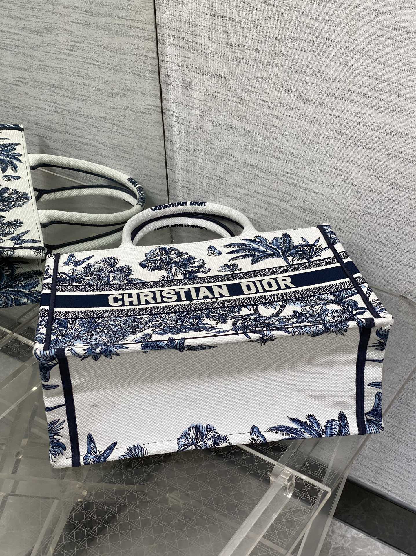 CD Medium Dior Book Tote Tropical Pattern Slate Blue White Black Cotton