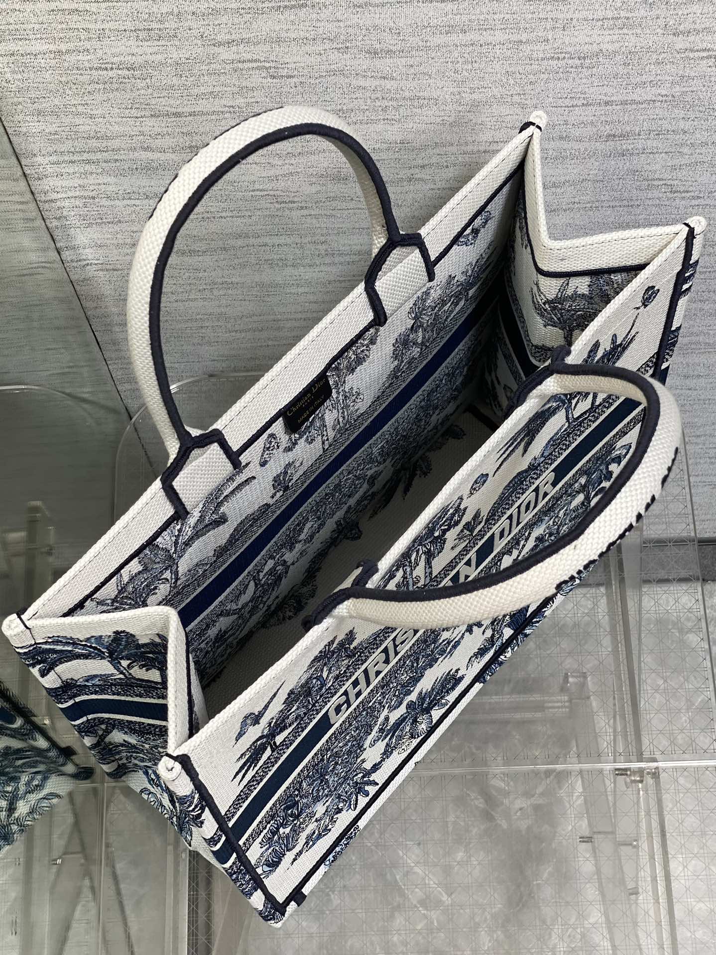 CD Larger Dior Book Tote Tropical Pattern Slate Blue White Black Cotton