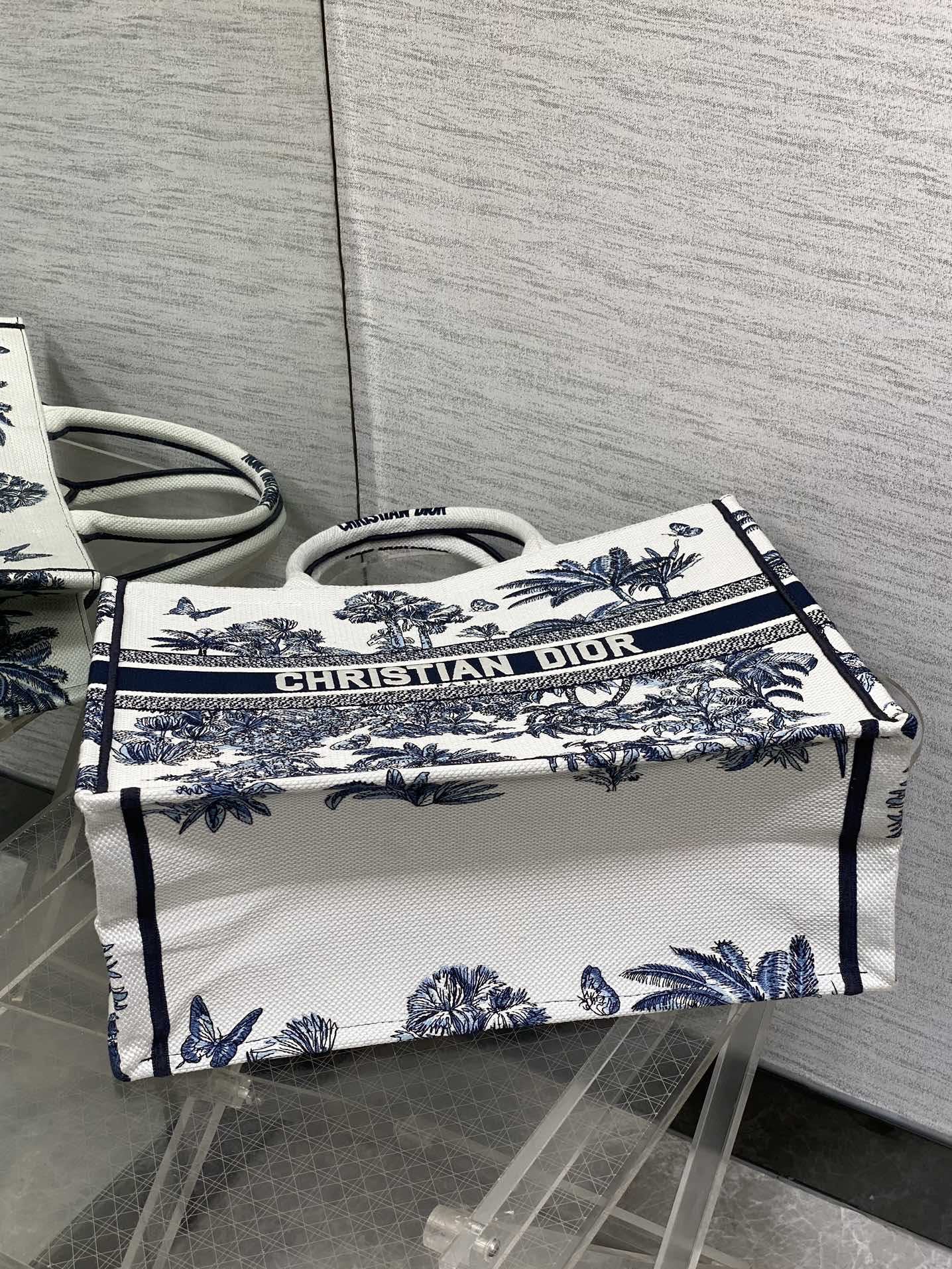 CD Larger Dior Book Tote Tropical Pattern Slate Blue White Black Cotton