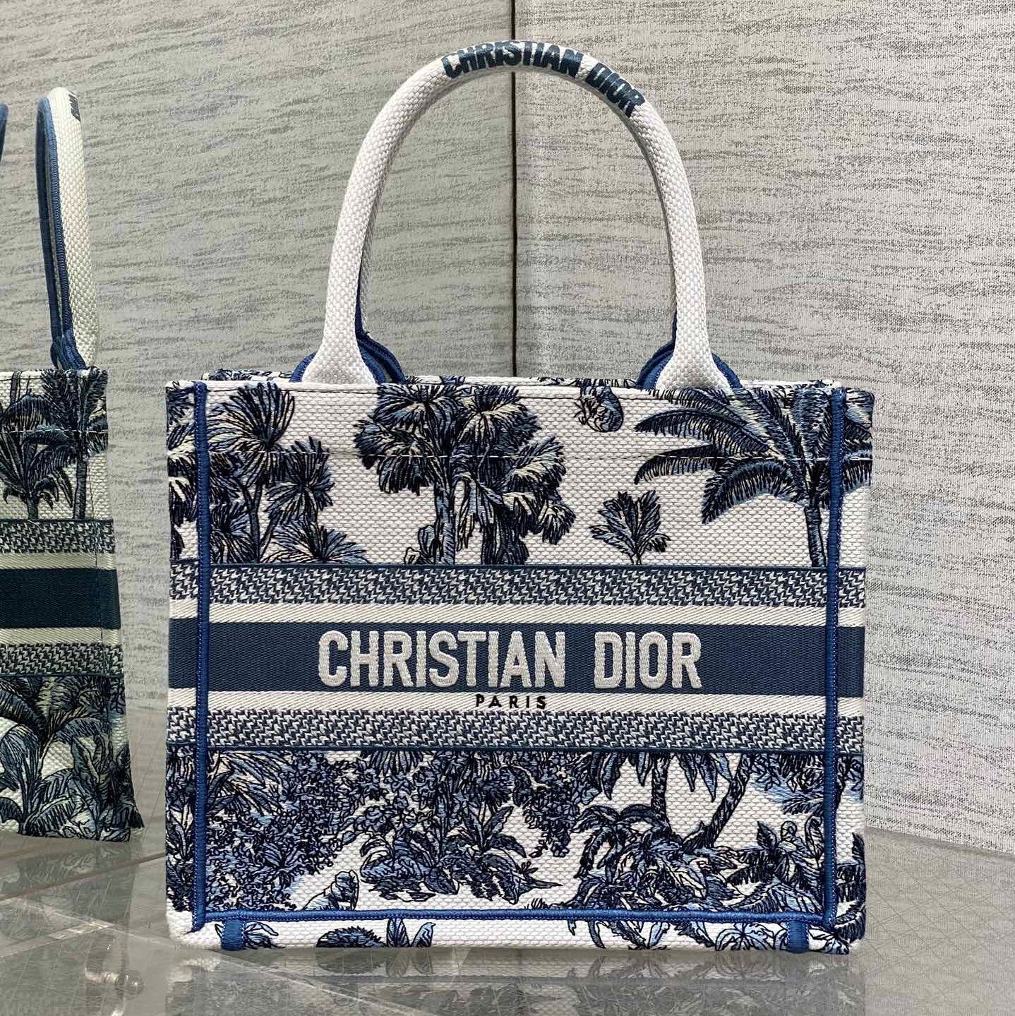 CD Small Dior Book Tote Tropical Pattern Slate Blue White Cotton