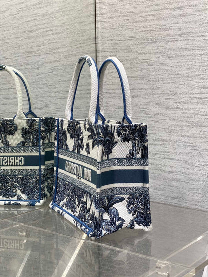 CD Small Dior Book Tote Tropical Pattern Slate Blue White Cotton
