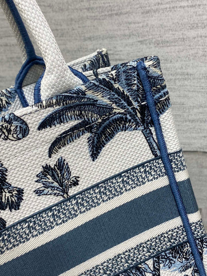 CD Small Dior Book Tote Tropical Pattern Slate Blue White Cotton