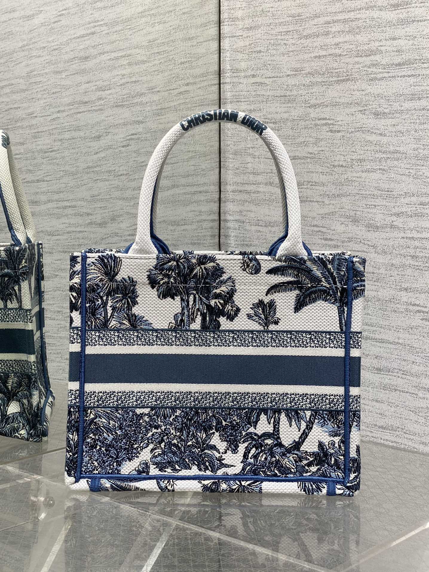 CD Small Dior Book Tote Tropical Pattern Slate Blue White Cotton