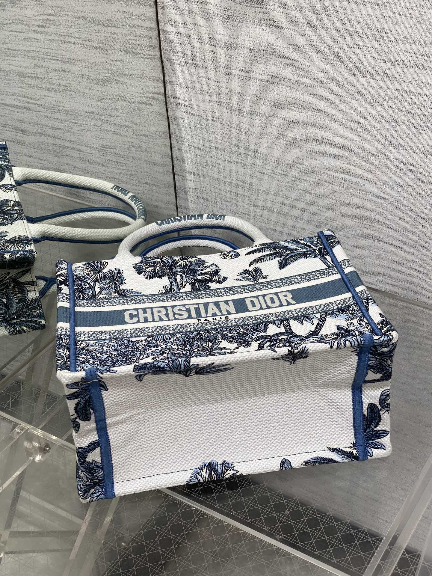 CD Small Dior Book Tote Tropical Pattern Slate Blue White Cotton