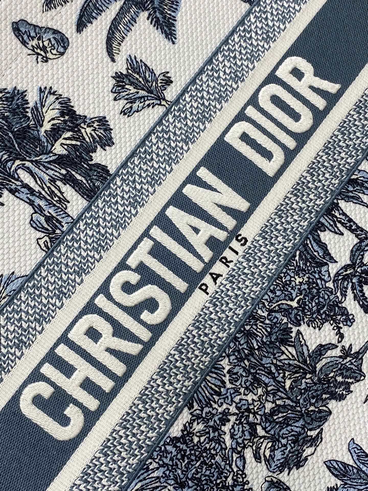 CD Medium Dior Book Tote Tropical Pattern Slate Blue White Cotton