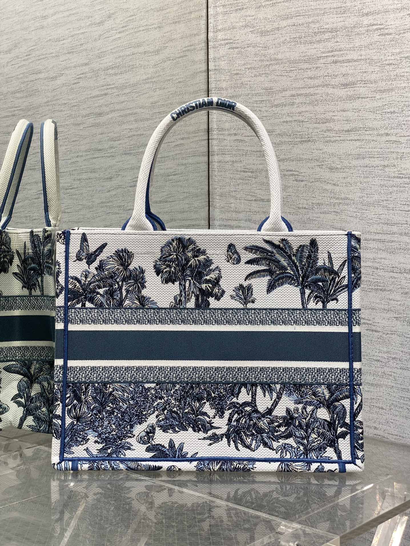 CD Medium Dior Book Tote Tropical Pattern Slate Blue White Cotton