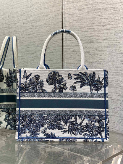CD Medium Dior Book Tote Tropical Pattern Slate Blue White Cotton