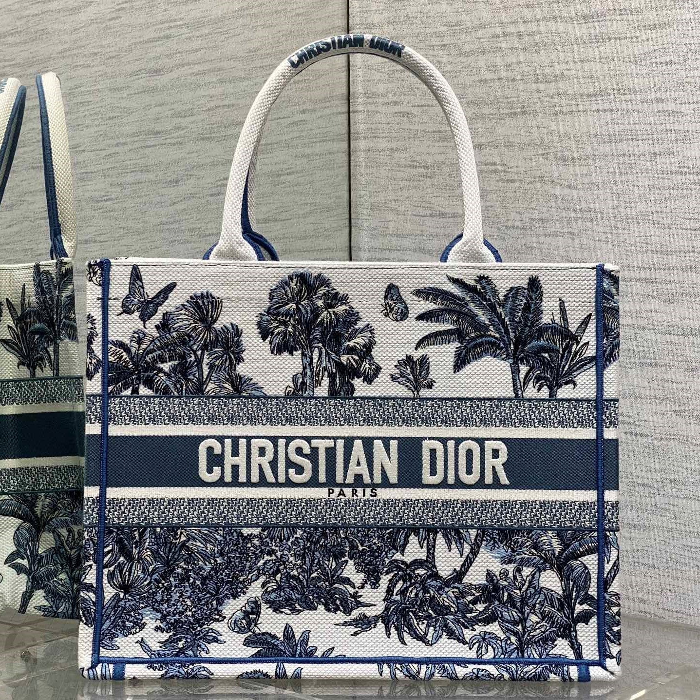 CD Medium Dior Book Tote Tropical Pattern Slate Blue White Cotton