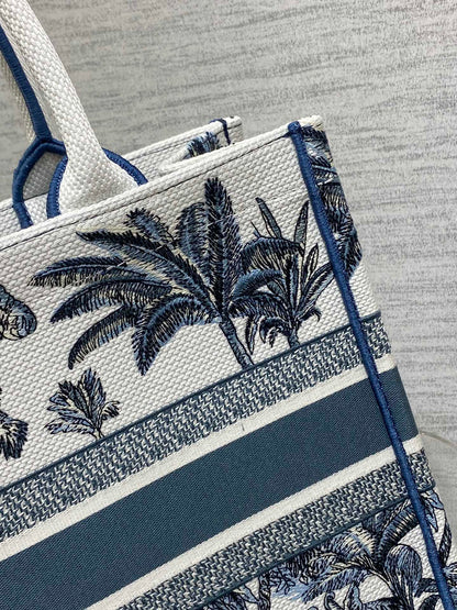 CD Medium Dior Book Tote Tropical Pattern Slate Blue White Cotton