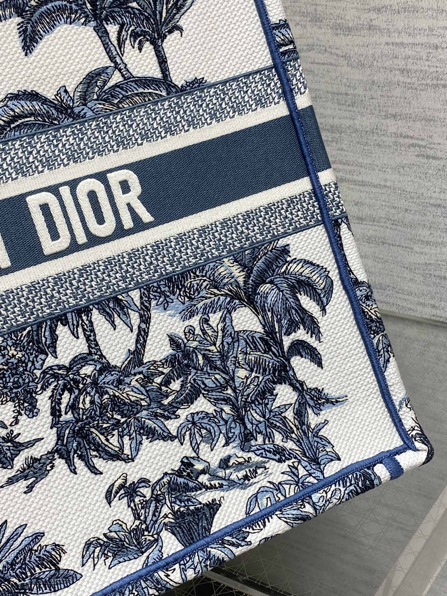 CD Large Dior Book Tote Tropical Pattern Slate Blue White Cotton