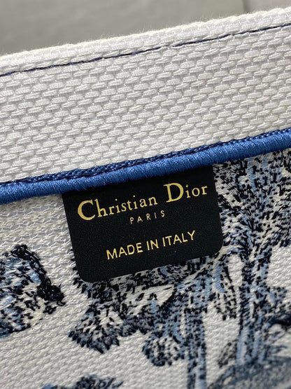 CD Large Dior Book Tote Tropical Pattern Slate Blue White Cotton