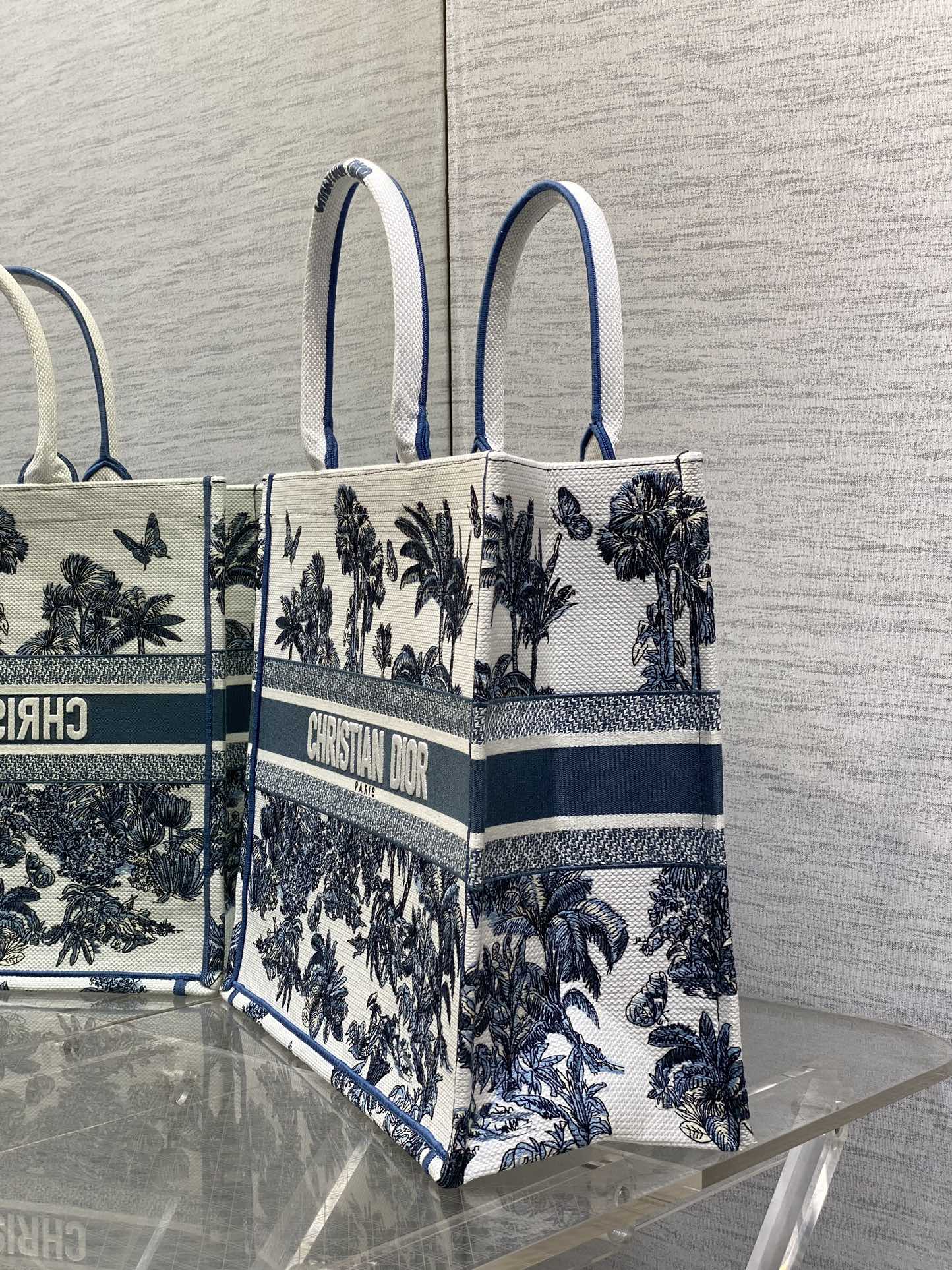 CD Large Dior Book Tote Tropical Pattern Slate Blue White Cotton